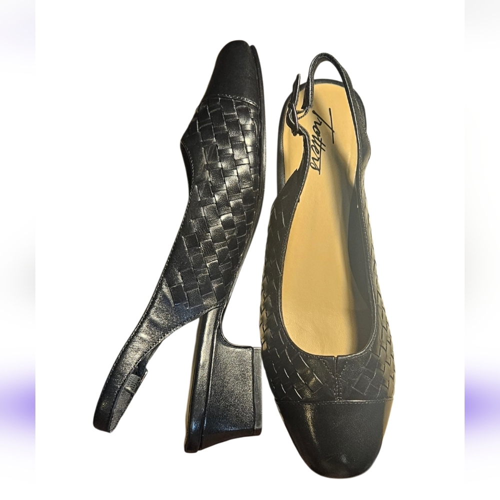 Trotters Leather  Black Dea Woven Cap Toe Adjustable Slingback Pumps 7.5 - Picture 5 of 7